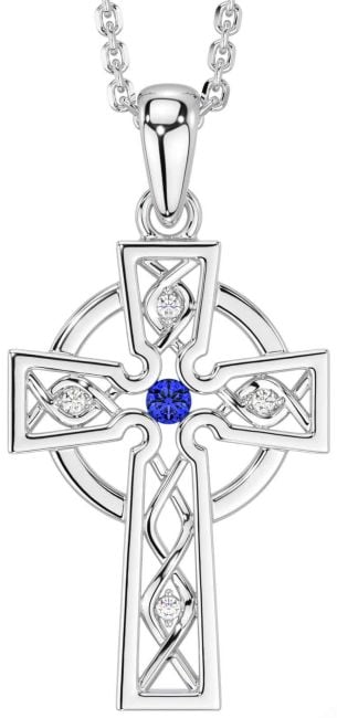 Diamond Sapphire White Gold Celtic Cross Necklace