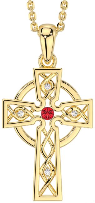 Diamond Ruby Gold Celtic Cross Necklace
