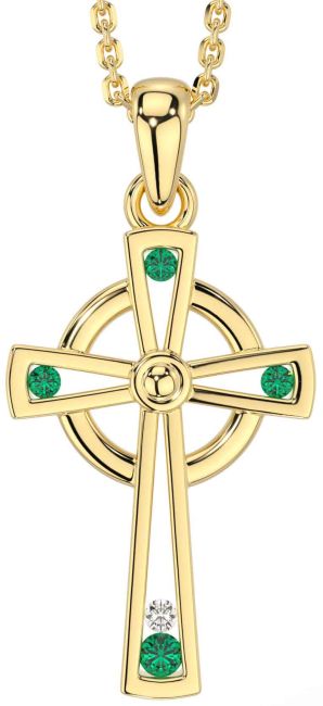 Diamond Emerald Gold Silver Celtic Cross Necklace