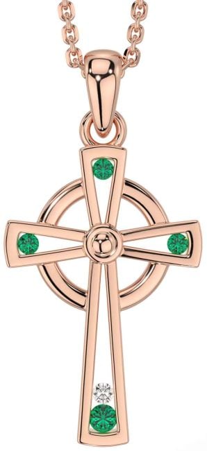 Diamond Emerald Rose Gold Celtic Cross Necklace