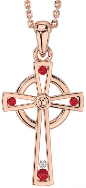 Diamond Ruby Rose Gold Celtic Cross Necklace