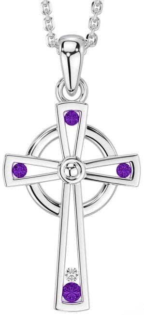 Diamond Amethyst Silver Celtic Cross Necklace