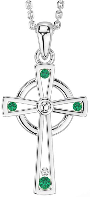 Diamond Emerald Silver Celtic Cross Necklace