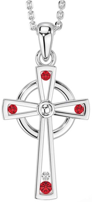 Diamond Ruby Silver Celtic Cross Necklace