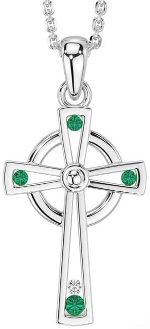 Diamond Emerald White Gold Celtic Cross Necklace