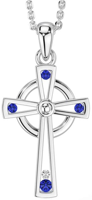 Diamond Sapphire White Gold Celtic Cross Necklace