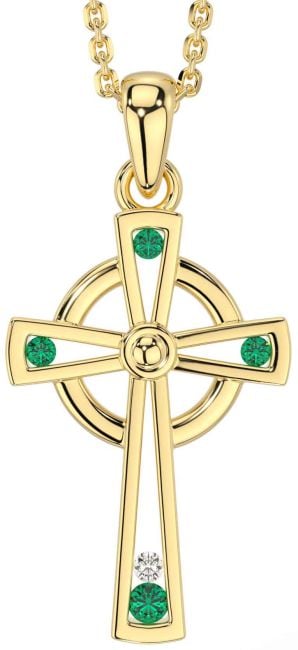 Diamond Emerald Gold Celtic Cross Necklace