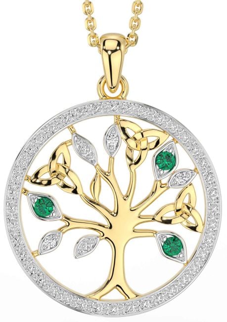 Diamond Emerald Gold Silver Celtic Tree of Life Trinity Knot Necklace