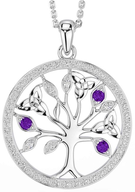 Diamond Amethyst White Gold Celtic Tree of Life Trinity Knot Necklace