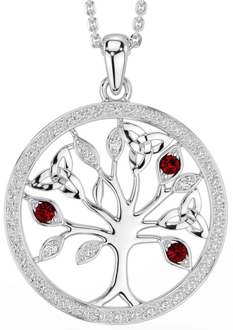 Diamond Garnet White Gold Celtic Tree of Life Trinity Knot Necklace