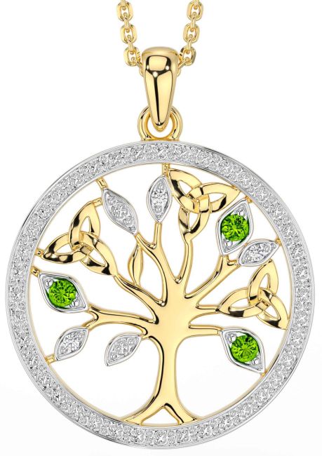 Diamond Peridot Gold Celtic Tree of Life Trinity Knot Necklace