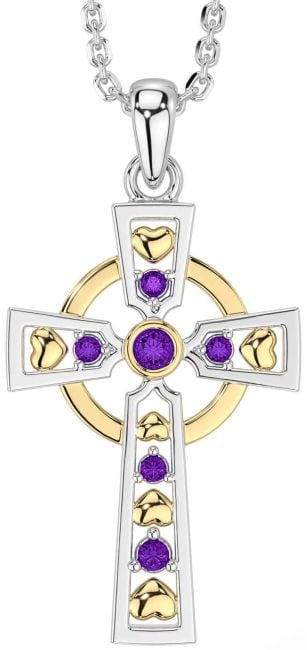 Amethyst Gold Silver Celtic Cross Necklace