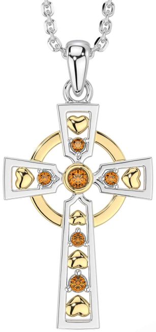 Citrine Gold Silver Celtic Cross Necklace