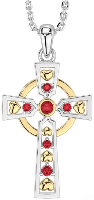 Ruby Gold Silver Celtic Cross Necklace