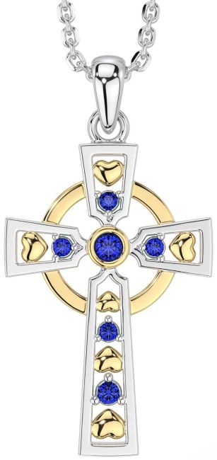 Sapphire Gold Silver Celtic Cross Necklace