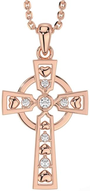 Diamond Rose Gold Silver Celtic Cross Necklace