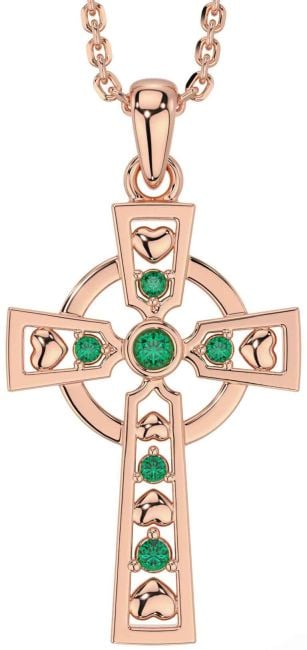 Emerald Rose Gold Silver Celtic Cross Necklace