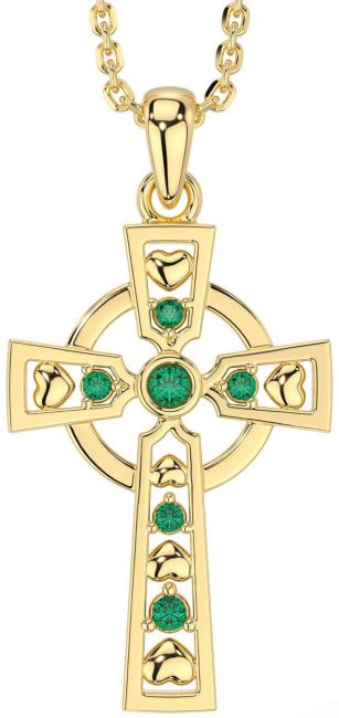 Emerald Gold Silver Celtic Cross Necklace