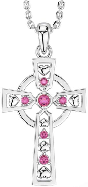 Pink Tourmaline Silver Celtic Cross Necklace