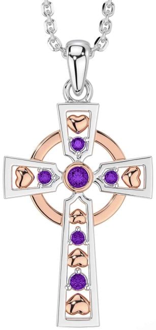 Amethyst White Rose Gold Celtic Cross Necklace