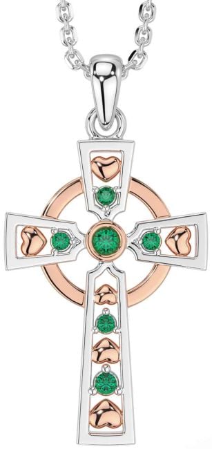 Emerald White Rose Gold Celtic Cross Necklace