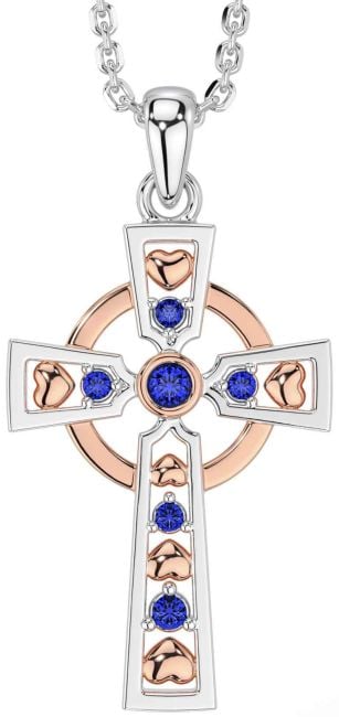 Sapphire White Rose Gold Celtic Cross Necklace