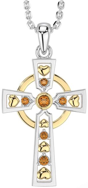 Citrine White Yellow Gold Celtic Cross Necklace