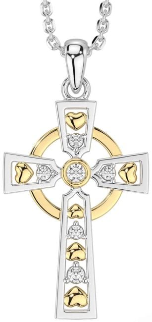 Diamond White Yellow Gold Celtic Cross Necklace