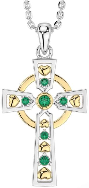 Emerald White Yellow Gold Celtic Cross Necklace