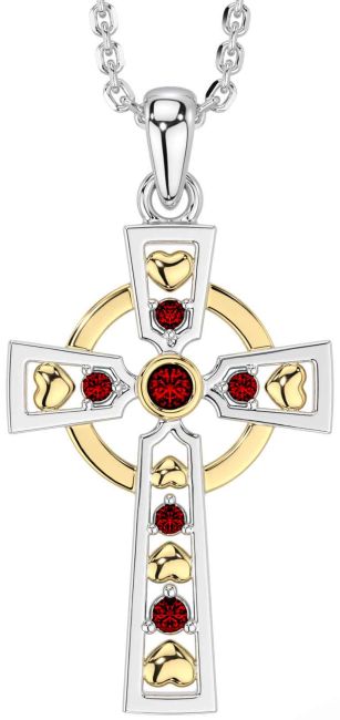 Garnet White Yellow Gold Celtic Cross Necklace