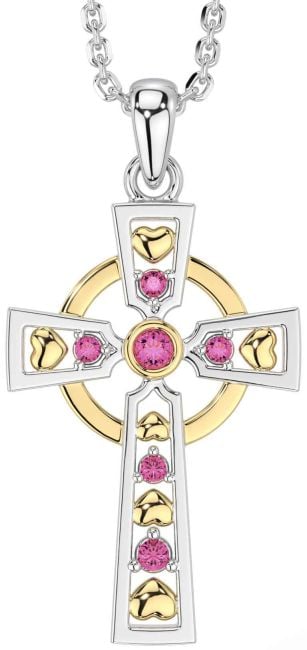 Pink Tourmaline White Yellow Gold Celtic Cross Necklace