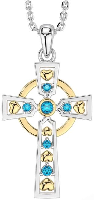 Topaz White Yellow Gold Celtic Cross Necklace