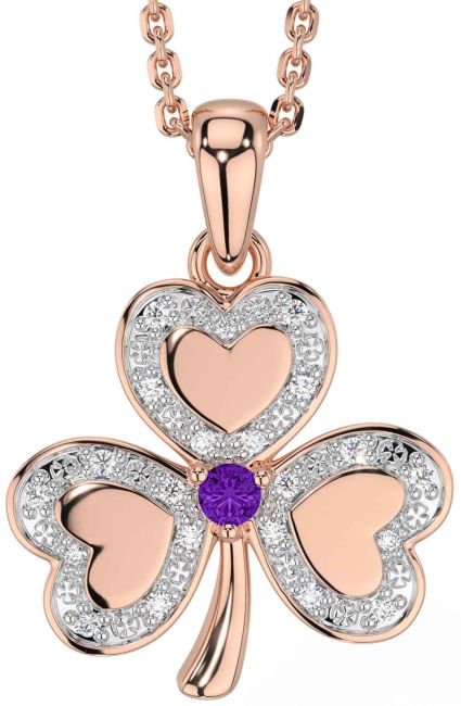 Diamond Amethyst Rose Gold Silver Shamrock Necklace