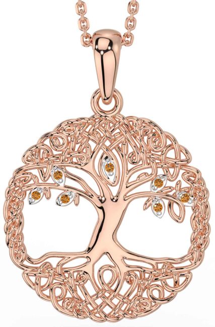 Citrine Rose Gold Silver Celtic Tree of Life Necklace