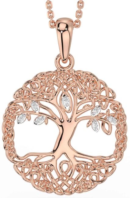 Diamond Rose Gold Silver Celtic Tree of Life Necklace