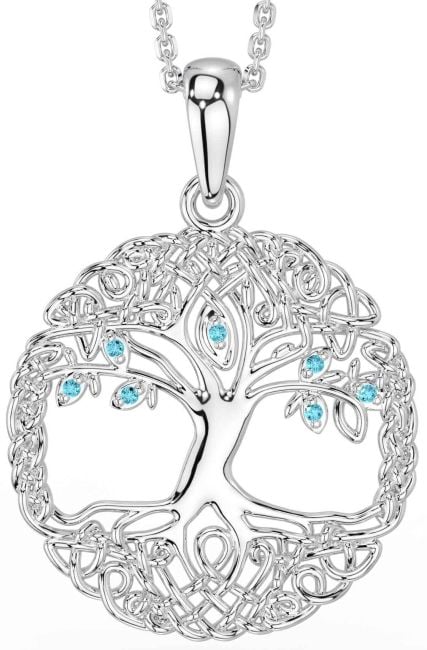 Aquamarine Silver Celtic Tree of Life Necklace
