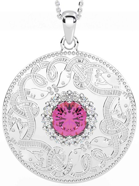 Diamond Pink Tourmaline Silver Celtic Warrior Necklace