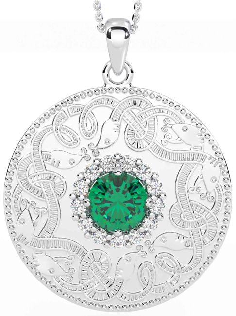 Diamond Emerald White Gold Celtic Warrior Necklace