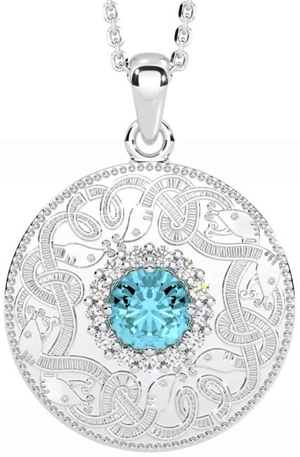 Diamond Aquamarine White Gold Celtic Warrior Necklace