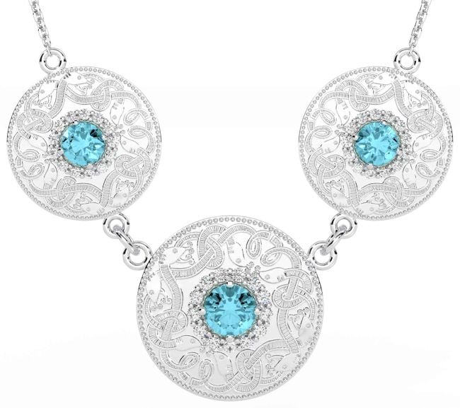 Diamond Aquamarine Silver Celtic Warrior Necklace