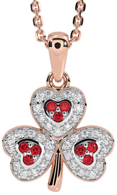 Diamond Ruby Rose Gold Silver Shamrock Necklace
