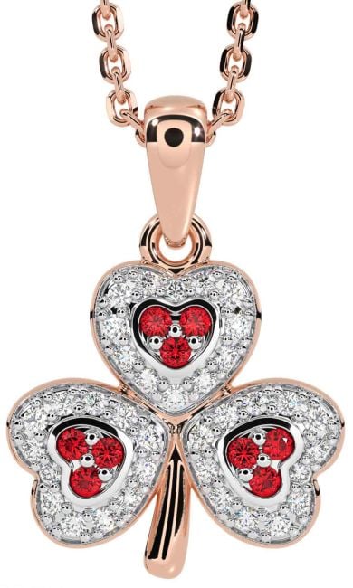 Diamond Ruby Rose Gold Shamrock Necklace