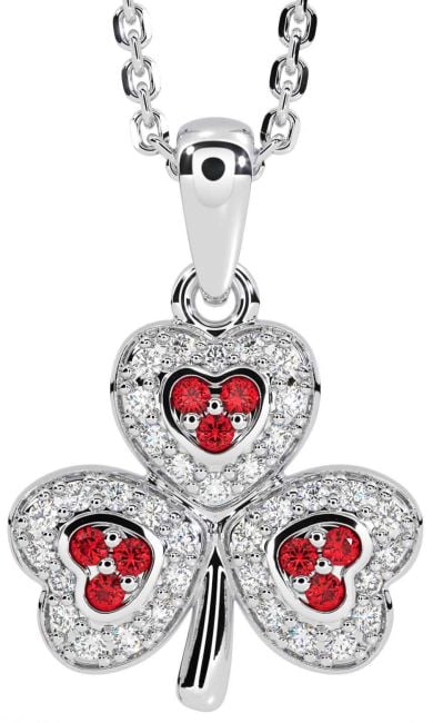 Diamond Ruby Silver Shamrock Necklace