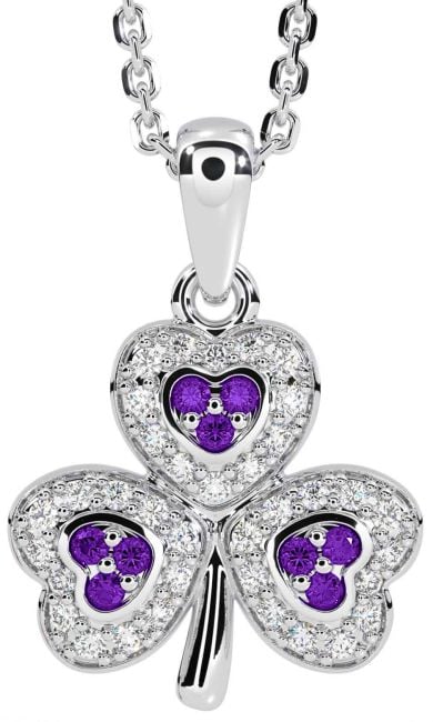 Diamond Amethyst White Gold Shamrock Necklace