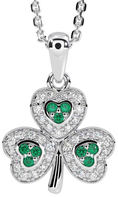 Diamond Emerald White Gold Shamrock Necklace