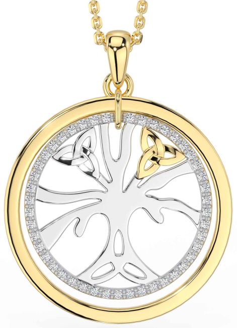 Diamond White Yellow Gold Celtic Tree of Life Trinity Knot Necklace