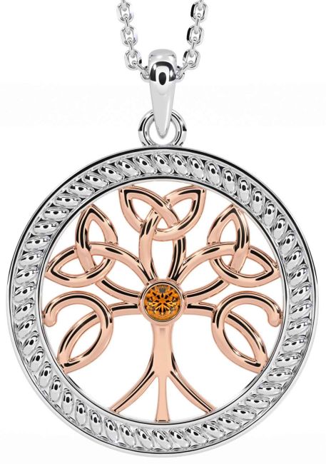 Citrine Rose Gold Silver Celtic Tree of Life Trinity Knot Necklace