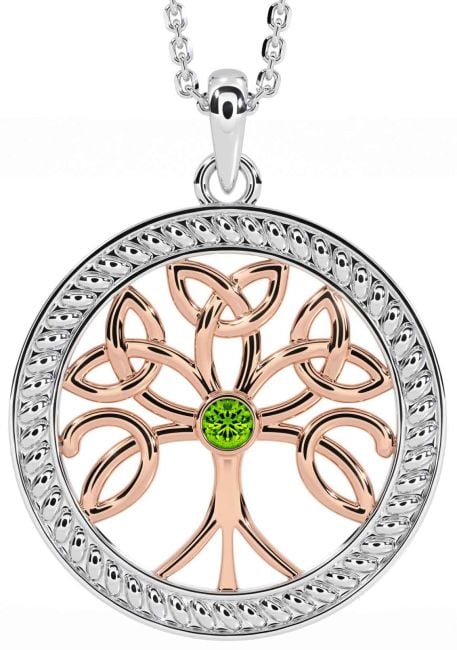 Peridot Rose Gold Silver Celtic Tree of Life Trinity Knot Necklace