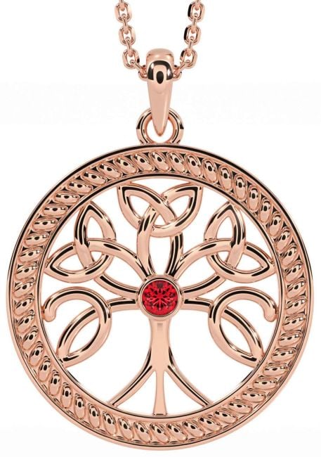 Ruby Rose Gold Silver Celtic Tree of Life Trinity Knot Necklace