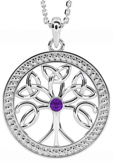 Amethyst White Gold Celtic Tree of Life Trinity Knot Necklace